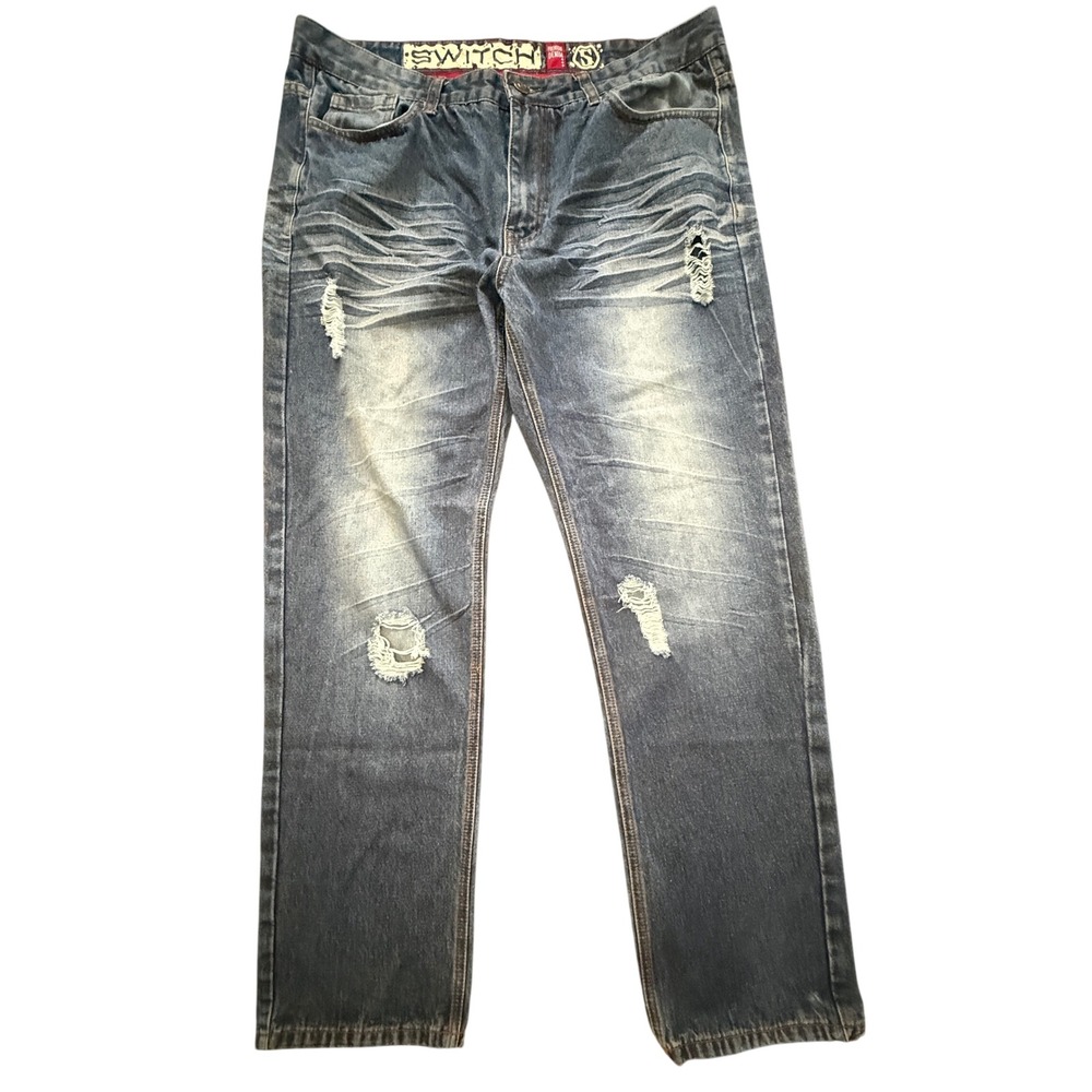 Switch Remarkable Mens Distressed Blue Denim Jeans 40x32 Straight Leg Cotton‎
